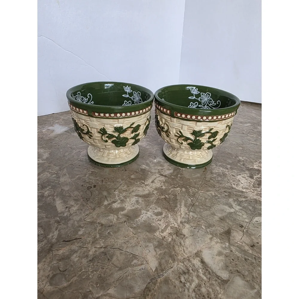 Temp-tations Green Floral Basket Weave Dessert Sherbet Pedestal Bowl‎ Set Of 2